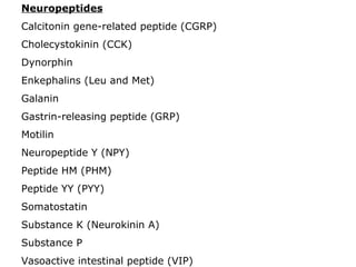 Neuropeptides
Calcitonin gene-related peptide (CGRP)
Cholecystokinin (CCK)
Dynorphin
Enkephalins (Leu and Met)
Galanin
Gastrin-releasing peptide (GRP)
Motilin
Neuropeptide Y (NPY)
Peptide HM (PHM)
Peptide YY (PYY)
Somatostatin
Substance K (Neurokinin A)
Substance P
Vasoactive intestinal peptide (VIP)
 