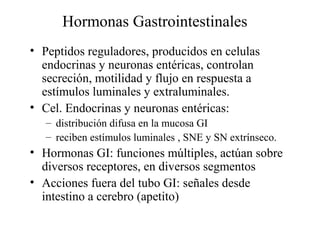 Hormonas Gastrointestinales
• Peptidos reguladores, producidos en celulas
endocrinas y neuronas entéricas, controlan
secreción, motilidad y flujo en respuesta a
estímulos luminales y extraluminales.
• Cel. Endocrinas y neuronas entéricas:
– distribución difusa en la mucosa GI
– reciben estímulos luminales , SNE y SN extrínseco.
• Hormonas GI: funciones múltiples, actúan sobre
diversos receptores, en diversos segmentos
• Acciones fuera del tubo GI: señales desde
intestino a cerebro (apetito)
 