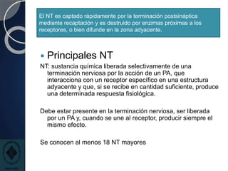 El NT es captado rápidamente por la terminación postsináptica
mediante recaptación y es destruido por enzimas próximas a los
receptores, o bien difunde en la zona adyacente.
 Principales NT
NT: sustancia química liberada selectivamente de una
terminación nerviosa por la acción de un PA, que
interacciona con un receptor específico en una estructura
adyacente y que, si se recibe en cantidad suficiente, produce
una determinada respuesta fisiológica.
Debe estar presente en la terminación nerviosa, ser liberada
por un PA y, cuando se une al receptor, producir siempre el
mismo efecto.
Se conocen al menos 18 NT mayores
 