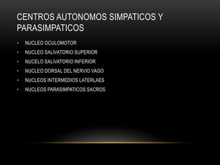 CENTROS AUTONOMOS SIMPATICOS Y
PARASIMPATICOS
• NUCLEO OCULOMOTOR
• NUCLEO SALIVATORIO SUPERIOR
• NUCELO SALIVATORIO INFERIOR
• NUCLEO DORSAL DEL NERVIO VAGO
• NUCLEOS INTERMEDIOS LATERLAES
• NUCLEOS PARASIMPATICOS SACROS
 