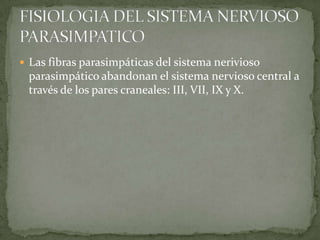  Las fibras parasimpáticas del sistema nerivioso
parasimpático abandonan el sistema nervioso central a
través de los pares craneales: III, VII, IX y X.
 