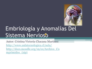 Embriología y Anomalías Del
Sistema Nervioso
Autor: Cristina Victoria Chacana Martínez
http://www.aulatecnologica.cl/aula/
http://docs.moodle.org/19/es/Archivo_Co
mprimidos_(zip)
 