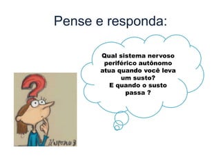 Sistema Nervoso Periférico Autônomo - SNPASistema Nervoso PeriféricoTem por função regular o ambiente interno do corpo, controlando a atividade dos sistemas digestivos, cardiovascular, excretor e endócrino. Ele contém fibras nervosas que conduzem impulsos do sistema nervoso central aos músculos lisos das vísceras e à musculatura do coração.É subdividido em sistema nervoso simpático e parassimpático.VoluntárioAutônomoSimpáticoParassimpático