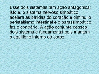 Esse dois sistemas têm ação antagônica; isto é, o sistema nervoso simpático acelera as batidas do coração e diminui o peristaltismo intestinal e o parassimpático faz o contrário. A ação conjunta desses dois sistema é fundamental pois mantém o equilíbrio interno do corpo  