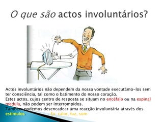 O que são actos involuntários?Actos involuntários não dependem da nossa vontade executámo-los sem ter consciência, tal como o batimento do nosso coração. Estes actos, cujos centro de resposta se situam no encéfalo ou na espinal medula, não podem ser interrompidos. Também podemos desencadear uma reacção involuntária através dos estímulos.                   Ex: calor, luz, som