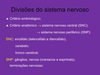Divisões do sistema nervoso
♣ Critério embriológico;
♣ Critério anatômico → sistema nervoso central (SNC);
→ sistema nervoso periférico (SNP);
SNC: encéfalo (telencéfalo e diencéfalo),
cerebelo;
tronco cerebral;
SNP: gânglios, nervos (cranianos e espinhais),
terminações nervosas;
 