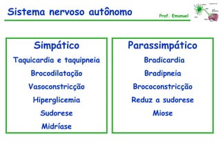 Simpático
Taquicardia e taquipneia
Brocodilatação
Vasoconstricção
Hiperglicemia
Sudorese
Midríase
Parassimpático
Bradicardia
Bradipneia
Brococonstricção
Reduz a sudorese
Miose
Sistema nervoso autônomo Prof. Emanuel
 