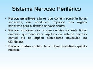 Sistema Nervoso Periférico
• Nervos sensitivos são os que contêm somente fibras
sensitivas, que conduzem impulsos dos órgãos
sensitivos para o sistema nervoso central.
• Nervos motores são os que contêm somente fibras
motoras, que conduzem impulsos do sistema nervoso
central até os órgãos efetuadores (músculos ou
glândulas).
• Nervos mistos contêm tanto fibras sensitivas quanto
motoras.
 