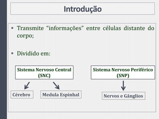 Introdução
 Transmite “informações” entre células distante do
corpo;
 Dividido em:
Sistema Nervoso Central
(SNC)
Cérebro Medula Espinhal
Sistema Nervoso Periférico
(SNP)
Nervos e Gânglios
 
