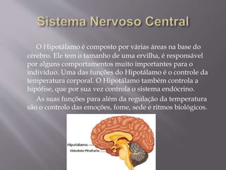 O Hipotálamo é composto por várias áreas na base do 
cérebro. Ele tem o tamanho de uma ervilha, é responsável 
por alguns comportamentos muito importantes para o 
indivíduo. Uma das funções do Hipotálamo é o controle da 
temperatura corporal. O Hipotálamo também controla a 
hipófise, que por sua vez controla o sistema endócrino. 
As suas funções para além da regulação da temperatura 
são o controlo das emoções, fome, sede e ritmos biológicos. 
 