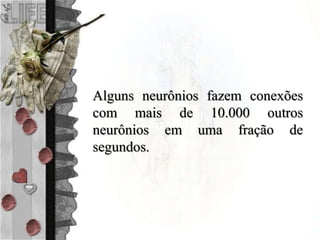 Alguns neurônios fazem conexões
com mais de 10.000 outros
neurônios em uma fração de
segundos.
 