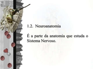 1.2. Neuroanatomia
É a parte da anatomia que estuda o
Sistema Nervoso.
 