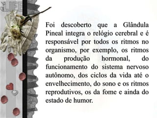 Foi descoberto que a Glândula
Pineal integra o relógio cerebral e é
responsável por todos os ritmos no
organismo, por exemplo, os ritmos
da produção hormonal, do
funcionamento do sistema nervoso
autônomo, dos ciclos da vida até o
envelhecimento, do sono e os ritmos
reprodutivos, os da fome e ainda do
estado de humor.
 