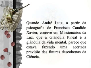 Quando André Luiz, a partir da
psicografia de Francisco Candido
Xavier, escreve em Missionários da
Luz, que a Glândula Pineal é a
glândula da vida mental, parece que
estava fazendo uma acertada
previsão das futuras descobertas da
Ciência.
 
