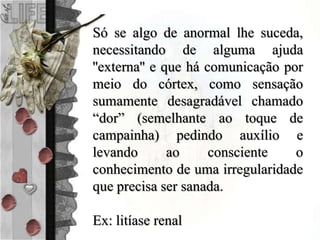 Só se algo de anormal lhe suceda,
necessitando de alguma ajuda
''externa'' e que há comunicação por
meio do córtex, como sensação
sumamente desagradável chamado
“dor” (semelhante ao toque de
campainha) pedindo auxílio e
levando ao consciente o
conhecimento de uma irregularidade
que precisa ser sanada.
Ex: litíase renal
 