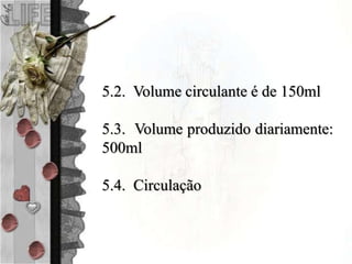 5.2. Volume circulante é de 150ml
5.3. Volume produzido diariamente:
500ml
5.4. Circulação
 