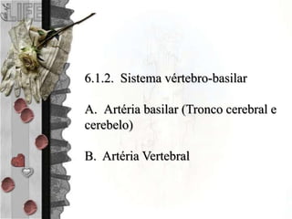 6.1.2. Sistema vértebro-basilar
A. Artéria basilar (Tronco cerebral e
cerebelo)
B. Artéria Vertebral
 