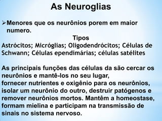 As Neuroglias
Menores que os neurônios porem em maior
numero.
Tipos
Astrócitos; Micróglias; Oligodendrócitos; Células de
Schwann; Células ependimárias; células satélites
As principais funções das células da são cercar os
neurônios e mantê-los no seu lugar,
fornecer nutrientes e oxigênio para os neurônios,
isolar um neurônio do outro, destruir patógenos e
remover neurônios mortos. Mantêm a homeostase,
formam mielina e participam na transmissão de
sinais no sistema nervoso.
 