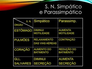 S. N. Simpático
e Parassimpático
S. N.
ÓRGÃO
Simpático Parassimp.
ESTÔMAGO DIMINUI
MOTILIDADE
AUMENTA
MOTILIDADE
PULMÕES RELAXAMENTO
DAS VIAS AÉREAS
CONTRAÇÃO
CORAÇÃO AUMENTO DO
BATIMENTO
REDUÇÃO DO
BATIMENTO
GLL.
SALIVARES
DIMINUI
SECREÇÃO
AUMENTA
SECREÇÃO
 