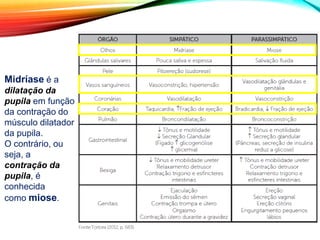 Midríase é a
dilatação da
pupila em função
da contração do
músculo dilatador
da pupila.
O contrário, ou
seja, a
contração da
pupila, é
conhecida
como miose.
 