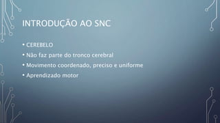 INTRODUÇÃO AO SNC
• CEREBELO
• Não faz parte do tronco cerebral
• Movimento coordenado, preciso e uniforme
• Aprendizado motor
 