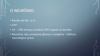 O NEURÔNIO
• Bomba de Na+ e K+
• ATP
• 50 – 70% energia cerebral ATP é gasto na bomba
• Neurônio não armazena glicose e oxigênio – Déficits
neurológico grave
 