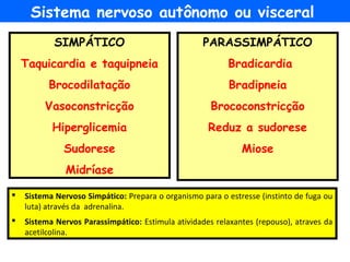 SIMPÁTICO
Taquicardia e taquipneia
Brocodilatação
Vasoconstricção
Hiperglicemia
Sudorese
Midríase
Sistema nervoso autônomo ou visceral
PARASSIMPÁTICO
Bradicardia
Bradipneia
Brococonstricção
Reduz a sudorese
Miose
 Sistema Nervoso Simpático: Prepara o organismo para o estresse (instinto de fuga ou
luta) através da adrenalina.
 Sistema Nervos Parassimpático: Estimula atividades relaxantes (repouso), atraves da
acetilcolina.
 