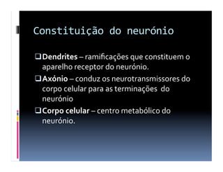 Constituição	
  do	
  neurónio	
  

 Dendrites	
  –	
  ramiﬁcações	
  que	
  constituem	
  o	
  
  aparelho	
  receptor	
  do	
  neurónio.	
  
 Axónio	
  –	
  conduz	
  os	
  neurotransmissores	
  do	
  
  corpo	
  celular	
  para	
  as	
  terminações	
  	
  do	
  
  neurónio	
  
 Corpo	
  celular	
  –	
  centro	
  metabólico	
  do	
  
  neurónio.	
  
 