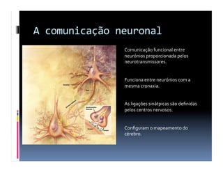 A	
  comunicação	
  neuronal	
  
                     Comunicação	
  funcional	
  entre	
  
                     neurónios	
  proporcionada	
  pelos	
  
                     neurotransmissores.	
  


                     Funciona	
  entre	
  neurónios	
  com	
  a	
  
                     mesma	
  cronaxia.	
  


                     As	
  ligações	
  sinátpicas	
  são	
  deﬁnidas	
  
                     pelos	
  centros	
  nervosos.	
  


                     Conﬁguram	
  o	
  mapeamento	
  do	
  
                     cérebro.	
  
 