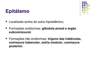 Epitálamo
   Localizado acima do sulco hipotalâmico;
   Formações endócrinas: glândula pineal e órgão
    subcomissural.
   Formações não endócrinas: trígono das habênulas,
    comissura habenular, estria medular, comissura
    posterior.
 