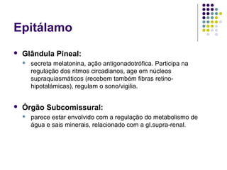 Epitálamo
   Glândula Pineal:
       secreta melatonina, ação antigonadotrófica. Participa na
        regulação dos ritmos circadianos, age em núcleos
        supraquiasmáticos (recebem também fibras retino-
        hipotalámicas), regulam o sono/vigilia.


   Órgão Subcomissural:
       parece estar envolvido com a regulação do metabolismo de
        água e sais minerais, relacionado com a gl.supra-renal.
 