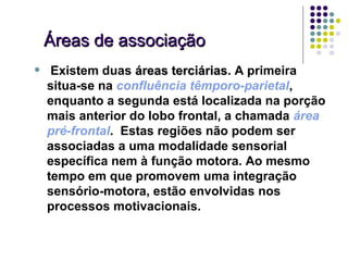 Áreas de associação
•    Existem duas áreas terciárias. A primeira
                         terciárias
    situa-se na confluência têmporo-parietal,
    enquanto a segunda está localizada na porção
    mais anterior do lobo frontal, a chamada área
    pré-frontal. Estas regiões não podem ser
    associadas a uma modalidade sensorial
    específica nem à função motora. Ao mesmo
    tempo em que promovem uma integração
    sensório-motora, estão envolvidas nos
    processos motivacionais.
 
