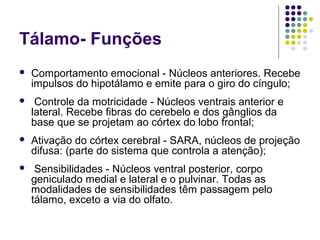 Tálamo- Funções
   Comportamento emocional - Núcleos anteriores. Recebe
    impulsos do hipotálamo e emite para o giro do cíngulo;
    Controle da motricidade - Núcleos ventrais anterior e
    lateral. Recebe fibras do cerebelo e dos gânglios da
    base que se projetam ao córtex do lobo frontal;
   Ativação do córtex cerebral - SARA, núcleos de projeção
    difusa: (parte do sistema que controla a atenção);
    Sensibilidades - Núcleos ventral posterior, corpo
    geniculado medial e lateral e o pulvinar. Todas as
    modalidades de sensibilidades têm passagem pelo
    tálamo, exceto a via do olfato.
 