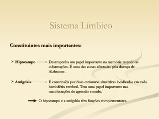 Sistema Límbico Constituintes mais importantes: Hipocampo Amigdala É constituída por duas estruturas simétricas localizadas em cada hemisfério cerebral. Tem uma papel importante nas manifestações de agressão e medo. Desempenha um papel importante na memória retendo as informações. É uma das zonas afectadas pela doença de Alzheimer. O hipocampo e a amígdala têm funções complementares. 