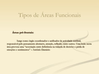 Áreas pré-frontais: Surge como órgão coordenador e unificador da actividade cerebral, responsável pelo pensamento abstracto, atenção, reflexão, entre outros. Uma lesão nesta área provoca uma “associação entre deficiência na tomada de decisões e perda de emoções e sentimentos” – António Damásio Tipos de Áreas Funcionais 
