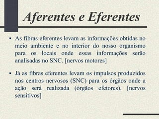 Aferentes e Eferentes
 As fibras eferentes levam as informações obtidas no
meio ambiente e no interior do nosso organismo
para os locais onde essas informações serão
analisadas no SNC. [nervos motores]
 Já as fibras eferentes levam os impulsos produzidos
nos centros nervosos (SNC) para os órgãos onde a
ação será realizada (órgãos efetores). [nervos
sensitivos]
 