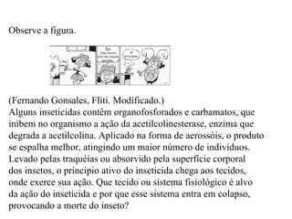 Observe a figura. (Fernando Gonsales, Fliti. Modificado.) Alguns inseticidas contêm organofosforados e carbamatos, que inibem no organismo a ação da acetilcolinesterase, enzima que degrada a acetilcolina. Aplicado na forma de aerossóis, o produto se espalha melhor, atingindo um maior número de indivíduos. Levado pelas traquéias ou absorvido pela superfície corporal dos insetos, o princípio ativo do inseticida chega aos tecidos, onde exerce sua ação. Que tecido ou sistema fisiológico é alvo da ação do inseticida e por que esse sistema entra em colapso, provocando a morte do inseto? 
