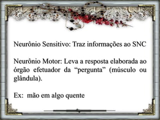 Neurônio Sensitivo: Traz informações ao SNC
Neurônio Motor: Leva a resposta elaborada ao
órgão efetuador da “pergunta” (músculo ou
glândula).
Ex: mão em algo quente
 