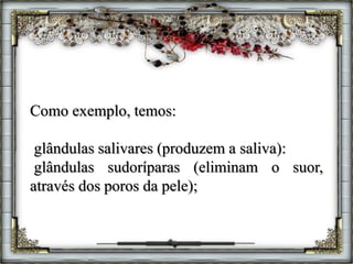 Como exemplo, temos:
glândulas salivares (produzem a saliva):
glândulas sudoríparas (eliminam o suor,
através dos poros da pele);
 
