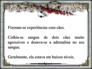 Fizeram-se experiências com cães.
Colhia-se sangue de dois cães muito
agressivos e dosava-se a adrenalina no seu
sangue.
Geralmente, ela estava em baixos níveis.
 