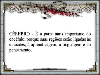 CÉREBRO - É a parte mais importante do
encéfalo, porque suas regiões estão ligadas às
emoções, à aprendizagem, à linguagem e ao
pensamento.
 