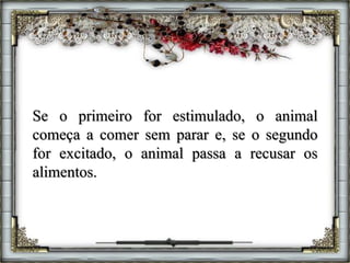 Se o primeiro for estimulado, o animal
começa a comer sem parar e, se o segundo
for excitado, o animal passa a recusar os
alimentos.
 