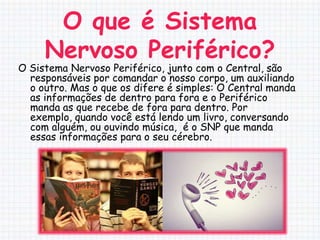 O que é Sistema
     Nervoso Periférico?
O Sistema Nervoso Periférico, junto com o Central, são
  responsáveis por comandar o nosso corpo, um auxiliando
  o outro. Mas o que os difere é simples: O Central manda
  as informações de dentro para fora e o Periférico
  manda as que recebe de fora para dentro. Por
  exemplo, quando você está lendo um livro, conversando
  com alguém, ou ouvindo música, é o SNP que manda
  essas informações para o seu cérebro.
 