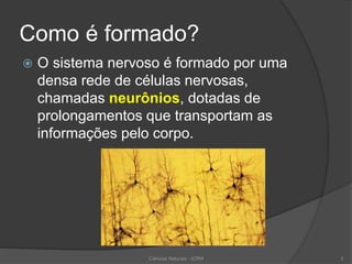 Como é formado?
 O sistema nervoso é formado por uma
densa rede de células nervosas,
chamadas neurônios, dotadas de
prolongamentos que transportam as
informações pelo corpo.
Ciências Naturais - ICRM 3
 