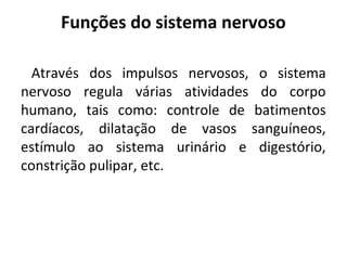Funções do sistema nervoso
Através dos impulsos nervosos, o sistema
nervoso regula várias atividades do corpo
humano, tais como: controle de batimentos
cardíacos, dilatação de vasos sanguíneos,
estímulo ao sistema urinário e digestório,
constrição pulipar, etc.

 