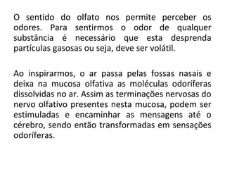 O sentido do olfato nos permite perceber os
odores. Para sentirmos o odor de qualquer
substância é necessário que esta desprenda
partículas gasosas ou seja, deve ser volátil.
Ao inspirarmos, o ar passa pelas fossas nasais e
deixa na mucosa olfativa as moléculas odoríferas
dissolvidas no ar. Assim as terminações nervosas do
nervo olfativo presentes nesta mucosa, podem ser
estimuladas e encaminhar as mensagens até o
cérebro, sendo então transformadas em sensações
odoríferas.

 