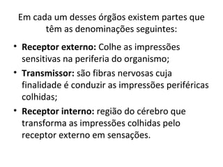 Em cada um desses órgãos existem partes que
têm as denominações seguintes:
• Receptor externo: Colhe as impressões
sensitivas na periferia do organismo;
• Transmissor: são fibras nervosas cuja
finalidade é conduzir as impressões periféricas
colhidas;
• Receptor interno: região do cérebro que
transforma as impressões colhidas pelo
receptor externo em sensações.

 