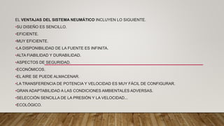EL VENTAJAS DEL SISTEMA NEUMÁTICO INCLUYEN LO SIGUIENTE.
•SU DISEÑO ES SENCILLO.
•EFICIENTE.
•MUY EFICIENTE.
•LA DISPONIBILIDAD DE LA FUENTE ES INFINITA.
•ALTA FIABILIDAD Y DURABILIDAD.
•ASPECTOS DE SEGURIDAD.
•ECONÓMICOS.
•EL AIRE SE PUEDE ALMACENAR.
•LA TRANSFERENCIA DE POTENCIA Y VELOCIDAD ES MUY FÁCIL DE CONFIGURAR.
•GRAN ADAPTABILIDAD A LAS CONDICIONES AMBIENTALES ADVERSAS.
•SELECCIÓN SENCILLA DE LA PRESIÓN Y LA VELOCIDAD...
•ECOLÓGICO.
 