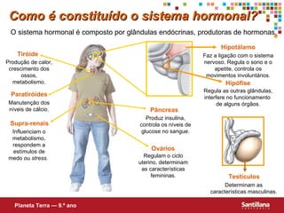 Como é constituído o sistema hormonal? O sistema hormonal é composto por glândulas endócrinas, produtoras de hormonas. Planeta Terra — 9.º ano Tiróide Produção de calor, crescimento dos ossos, metabolismo. Paratiróides Manutenção dos níveis de cálcio. Supra-renais Influenciam o metabolismo, respondem a estímulos de medo ou  stress .  Pâncreas Produz insulina, controla os níveis de glucose no sangue. Hipotálamo Faz a ligação com o sistema nervoso. Regula o sono e o apetite, controla os movimentos involuntários. Hipófise Regula as outras glândulas, interfere no funcionamento  de alguns órgãos. Ovários Regulam o ciclo uterino, determinam as características femininas. Testículos Determinam as características masculinas. 