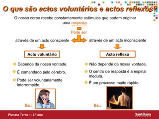 O que são actos voluntários e actos reflexos? O nosso corpo recebe constantemente estímulos que podem originar uma  resposta . através de um acto inconsciente através de um acto consciente Acto voluntário Acto reflexo Ex.: Ex.: Planeta Terra — 9.º ano Pode ser Pode ser voluntariamente interrompido. É comandado pelo cérebro. Depende da nossa vontade. O centro de resposta  é  a espinal medula. É um processo muito rápido. Não depende da nossa vontade. 